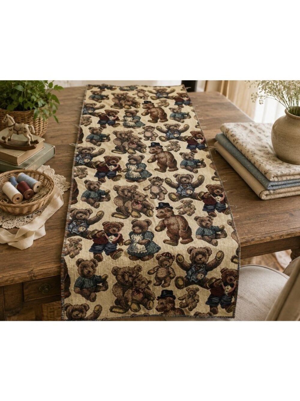 Teddy Bear Woven Tapestry Upholstery Fabric Remnant | Vintage Style Nursery Deco